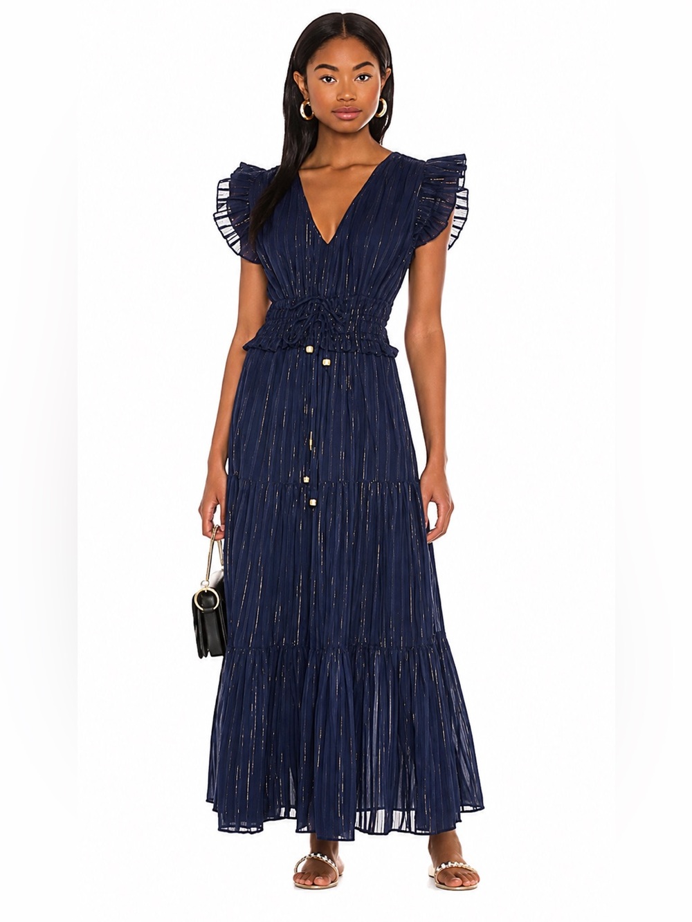 Karina Grimaldi Navy Metallic Lurex Stripe Maxi Dress Size Small